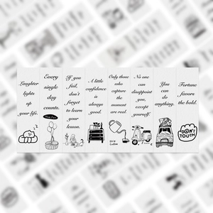 Close-up of black and white aesthetic bookmarks with inspirational English quotes and icons