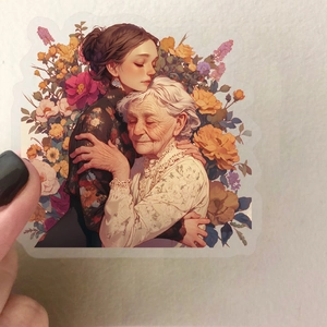 Transparent Mother's Day floral sticker showing a warm hug between two women