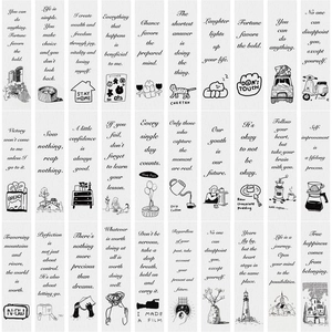 Detail showing 30 minimalist black and white bookmarks with inspirational English quotes