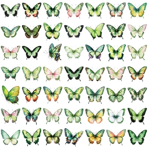 Détail de 49 autocollants papillons vintage aquarelle aux tons verts et roses vifs