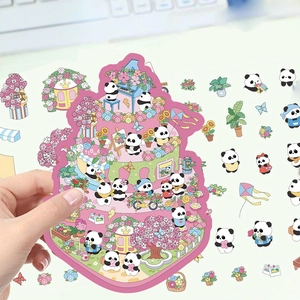 3D pink panda theme DIY scene stickers with giant cake design and cute panda characters