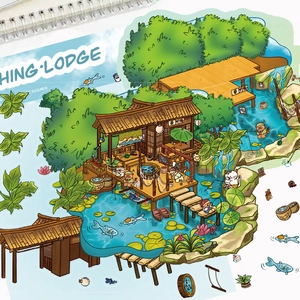 Détail d'autocollants maison champignon avec scène de pavillon de pêche pour scrapbooking