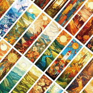 Cuadrícula de marcadores estilo vitral con ilustraciones de naturaleza y paisajes