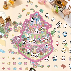 Detailed view of pink cartoon panda cake stickers for DIY scrapbooking and 3D scenes