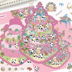 3D pink panda landscape sticker set for DIY scrapbooking featuring creative art scenes