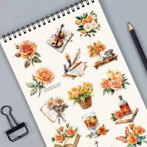 Adesivi vintage in PET con rose arancioni e violino su taccuino per scrapbooking e decori