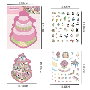 Detailed dimensions of pink cartoon panda garden themed stickers and note pad set