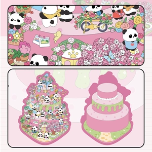 Macro detail of cartoon pink panda stickers for 3D miniature house DIY projects
