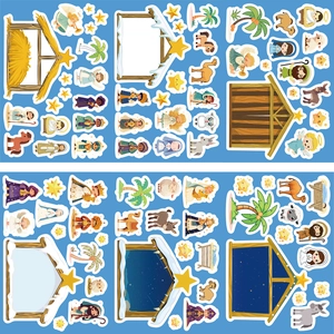 Detailed view of colorful cartoon Nativity scene stickers for Christmas DIY crafts