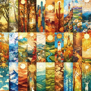 30 marcapáginas de arte de vitrales con paisajes y animales para diarios y manualidades
