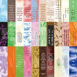 Macro display of 30 unique vintage bookmarks featuring classic literary quotes and motifs