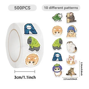 500-piece roll of decorative cartoon cat stickers with 10 unique hand-drawn patterns
