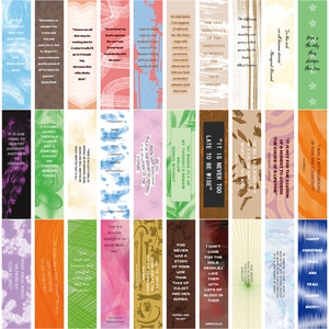 Grid display of 30 unique paper bookmarks featuring vintage art and literary quotes