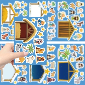 Detailed view of Nativity scene stickers for kids featuring Mary, Joseph and baby Jesus