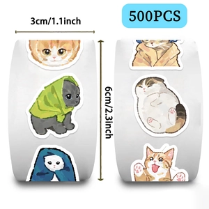 Detailed view of cartoon cat stickers roll showing 1.1 inch diameter and 500 pieces count