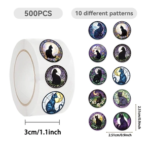 Detail of 500 moon cat stickers per roll with 10 artistic stained glass designs