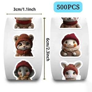 Detail showing 3cm diameter cartoon animal stickers with 500 pieces per roll