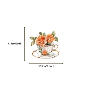 Set di adesivi PET vintage arancioni con design tazza di tè floreale e misure