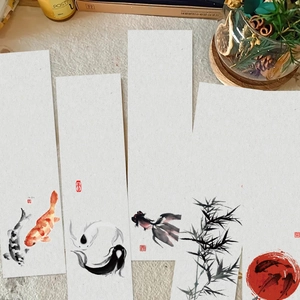 Chinese ink style bookmarks set featuring koi fish and bamboo patterns on textured paper