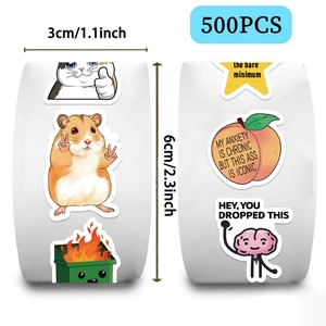 Roll of 500 cute cartoon stickers with cat and hamster designs for scrapbooking and sealing