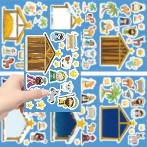 Cartoon Nativity scene stickers set featuring Mary, Joseph and baby Jesus for DIY decoration