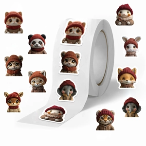 500-count roll of 3D cartoon animal stickers with plush cats in winter knit hats