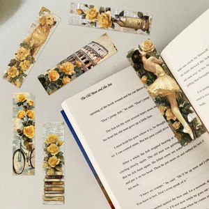 Retro vintage paper bookmarks set featuring floral and architectural illustrations
