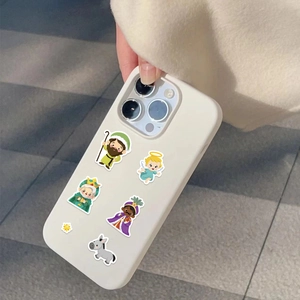 Cartoon Jesus birth scene stickers on white phone case with cute angel and donkey designs