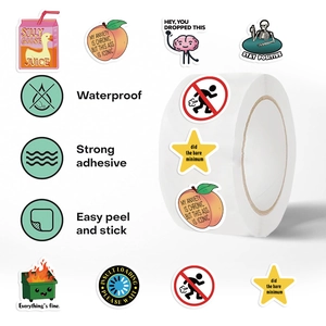 Detail showing various funny waterproof stickers with illustrations on a roll