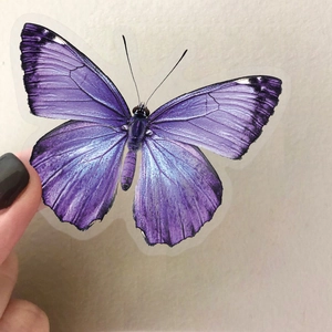 Gros plan d'un autocollant papillon violet avec des textures réalistes et bords clairs