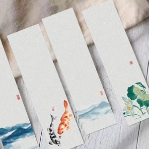 Detail of four Chinese ink wash bookmarks with traditional landscape and lotus motifs
