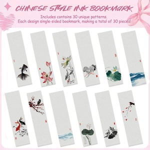Detailed array of 30 vintage Chinese ink painting paper bookmarks with floral motifs
