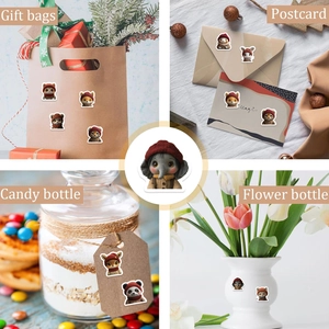 Cartoon animal stickers used on gift bags, postcards, candy jars, and flower vases