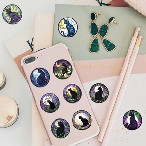 Stained glass style black cat and moon stickers on roll for planners and decor