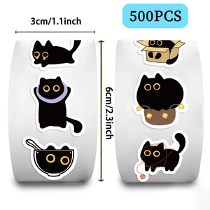 Roll of 500 cartoon black cat stickers for journaling and envelope sealing decoration