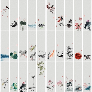 Set of 30 ink painting bookmarks with traditional Chinese lotus and landscape patterns