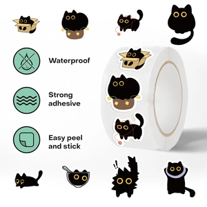 Waterproof cartoon black cat stickers with strong adhesive for journals and envelopes