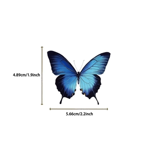 Détail de l'autocollant papillon bleu avec dimensions 5,66 cm de large et 4,89 cm de haut