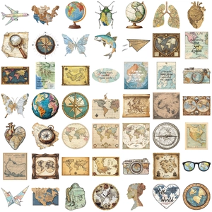 50 pieces of vintage map stickers for guitar and luggage decoration in retro style