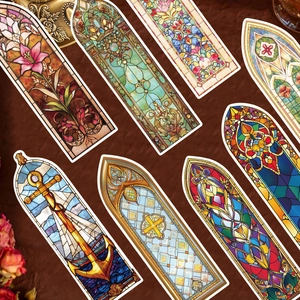 Baroque church bookmarks with stained glass patterns on a vintage leather background