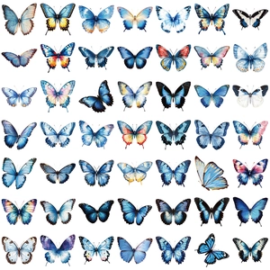 Détail de 49 autocollants de papillons vintage en bleu et aquarelle aux couleurs vives