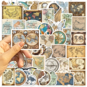 Vintage world map stickers for laptops and suitcases with retro compass designs