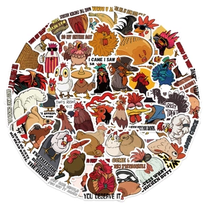 Close-up of waterproof cartoon chicken stickers with witty English phrases for DIY decoration