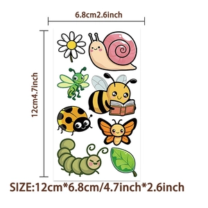 Detailed view of 12x6.8cm cartoon insect tattoo sheet with snail, bee, and ladybug designs