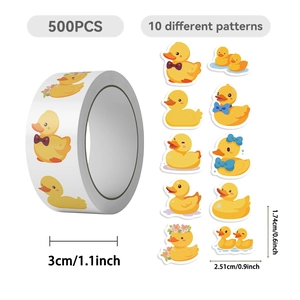 500PCS roll of yellow cartoon duck stickers with 10 different cute patterns for decoration