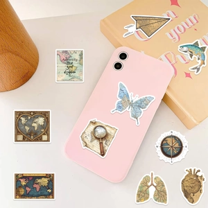 Close-up of vintage world map and anatomy stickers on a pink phone case and desk