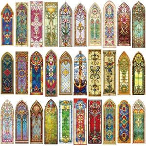 Set of 30 vintage baroque stained glass bookmarks with floral and gothic patterns
