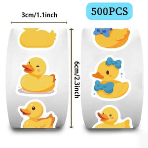 Detailed view of yellow duck cartoon stickers roll showing 3cm diameter and 500pcs count