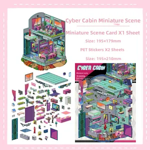 Macro detail of DIY 3D Cyberpunk Cabin kit showing PET stickers and scene dimensions