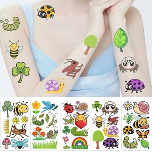 Detail showing five sheets of waterproof insect temporary tattoos applied on a child arm
